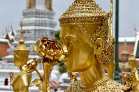 golden buddha statue close up on blurred background