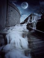 water flowing on stone steps at full moon night, digital art