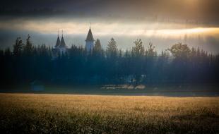 church in the woods at sunrise