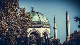 Dome and towers of a mosque in Istanbul, Turkey