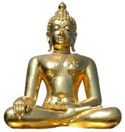 Golden Buddha sculpture at white background