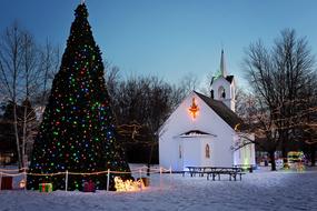 Beautiful landscape with the church and Christmas tree, with colorful lights, among the colorful trees in snow, in winter, at night