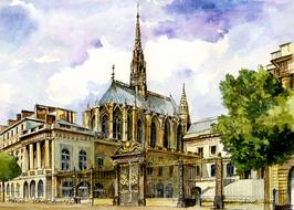 Beautiful drawing with the colorful, decorated temple, among the trees in Paris, France