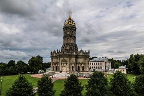 Beautiful church among the plants in Moscow, Russia