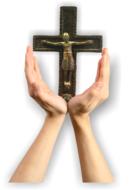 man holding a cross banner