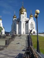 Beautiful white church with gold domes in Tobol'sk, Russia
