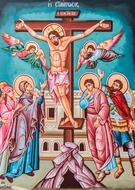 Colorful painting of the crucifixion of Jesus Christ, in the church in Ayia Triada, Paralimni, Cyprus, Greece