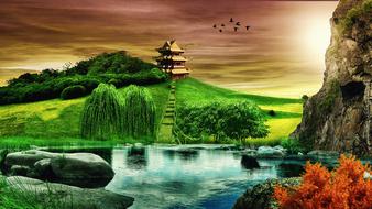 Background Landscape Temple drawing