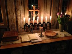 Light Holy Communion bible, bread, wine