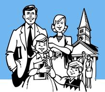 black and white drawing of a family near the church