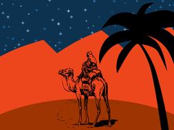 drawing of a camel next to a palm tree during sunset