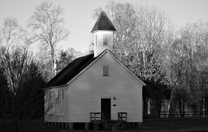 Black and white photo of the beautiful old church, among the trees and other plants