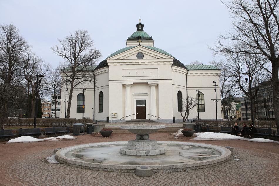 Beautiful Finnish church, among the trees in HÃ¤meenlinna, Finland