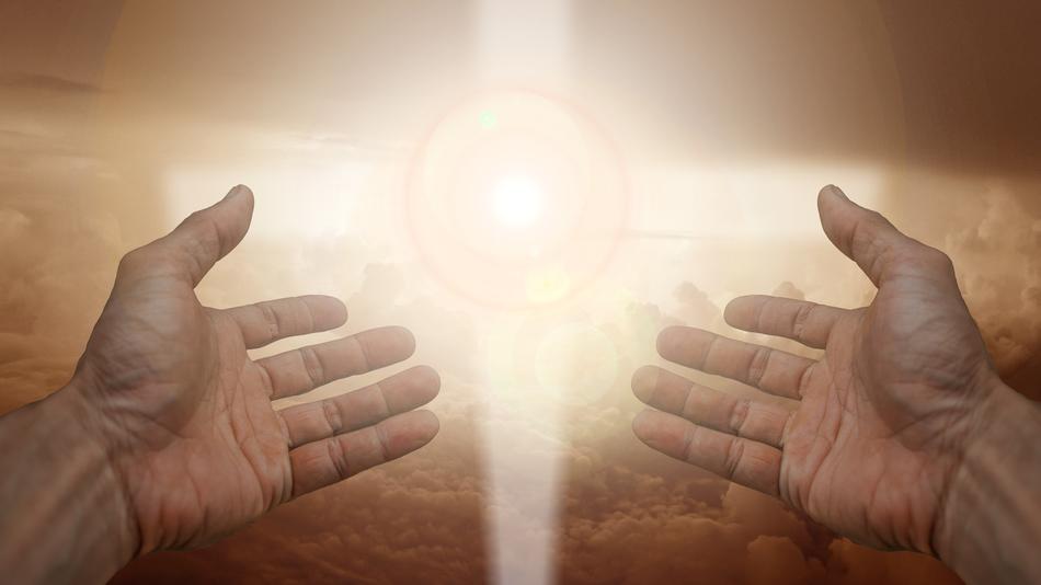 Open hands and cross with the light, on the landscape, clipart