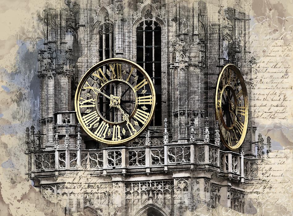 clock on the tower of the church in photography