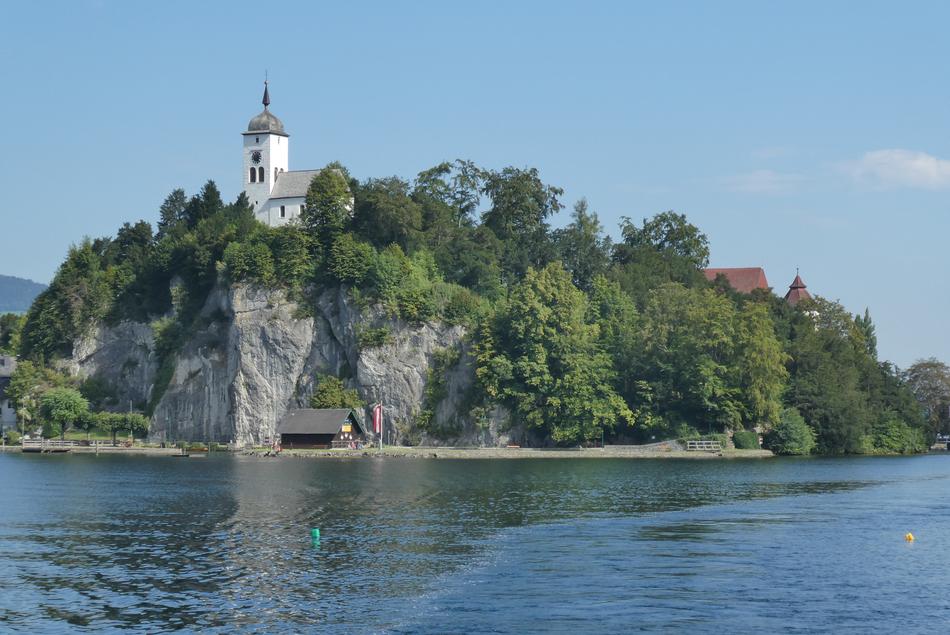 old chapel on cliff at lake, Austria, Traunkirchen