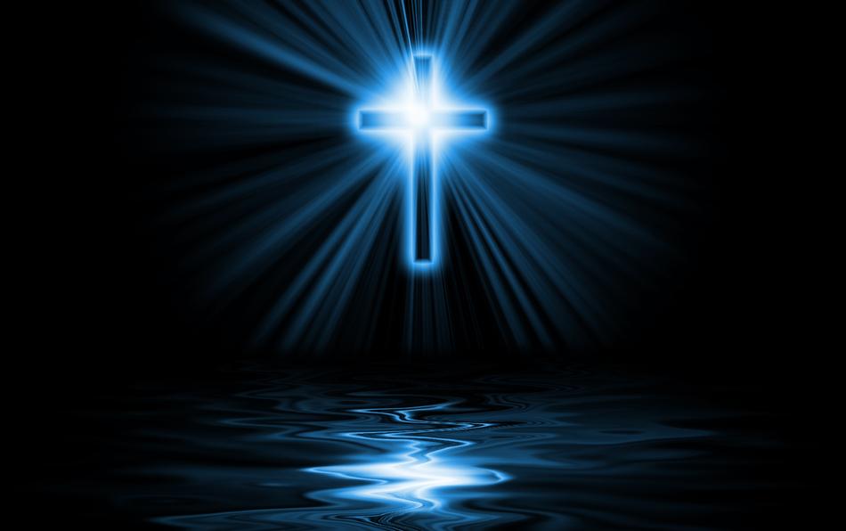 neon cross over dark water