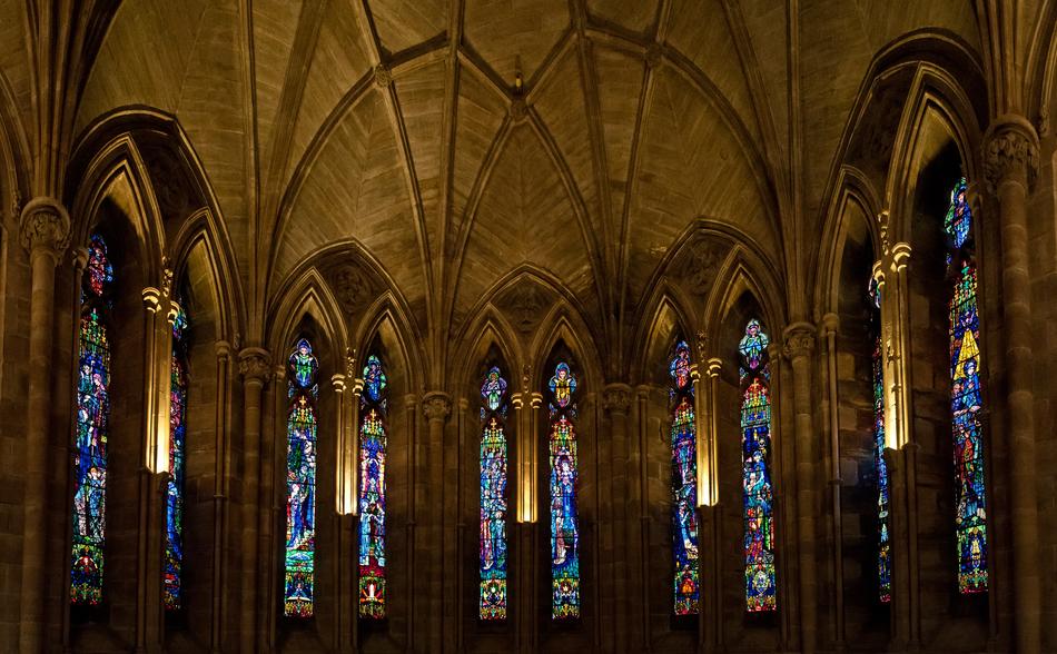 colorful stained glass in the tower of the monastery