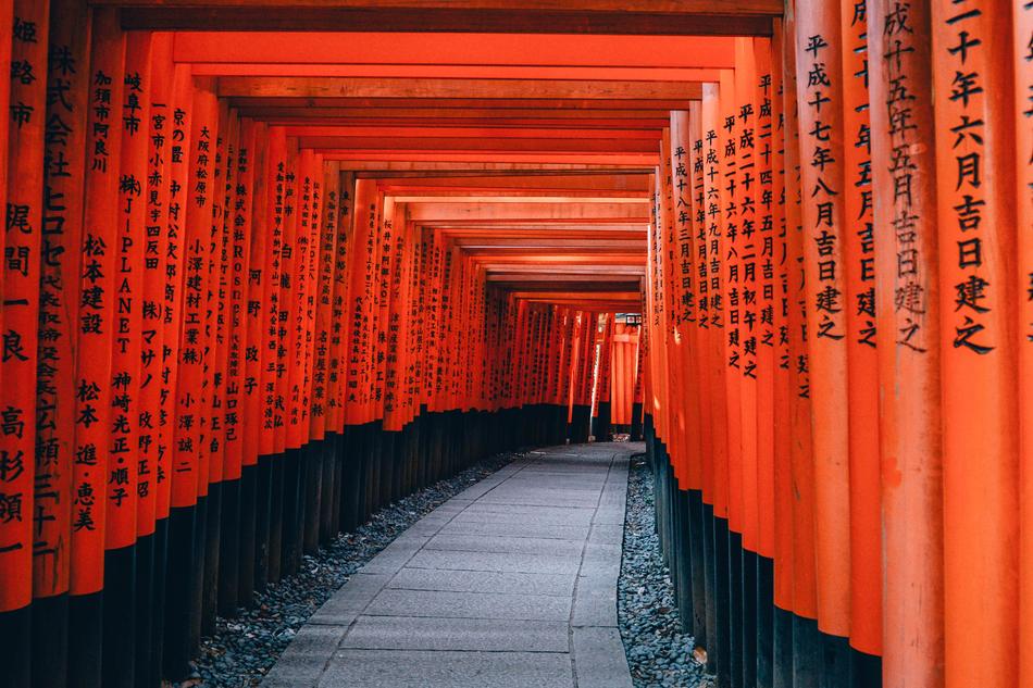 orange corridor in a temple in Kyoto, Japan