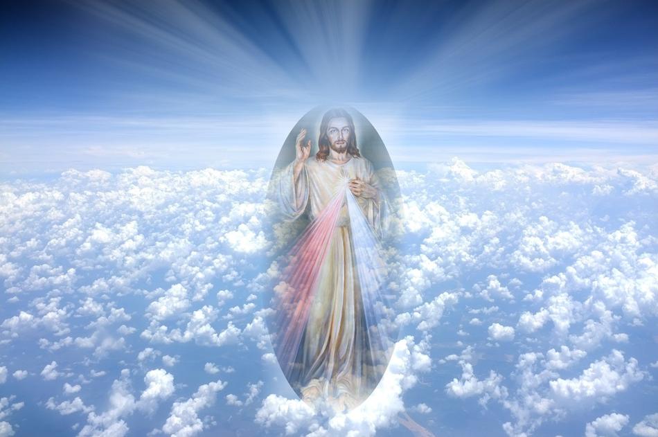 the flight of Jesus Christ over white clouds