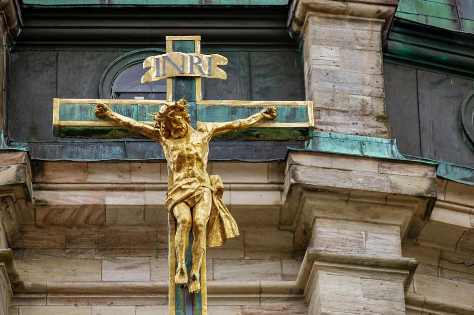Beautiful statue of Jesus Christ, on the cross, in the Sankt Blasien