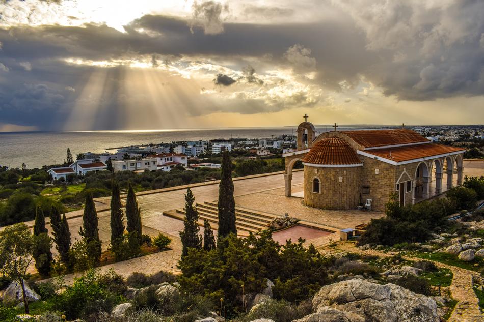panoramic view of the church architecture of cyprus at dusk