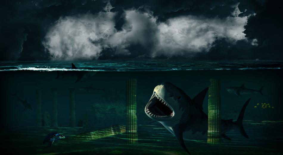 Shark with the open mouth, in the green water, under the clouds, clipart