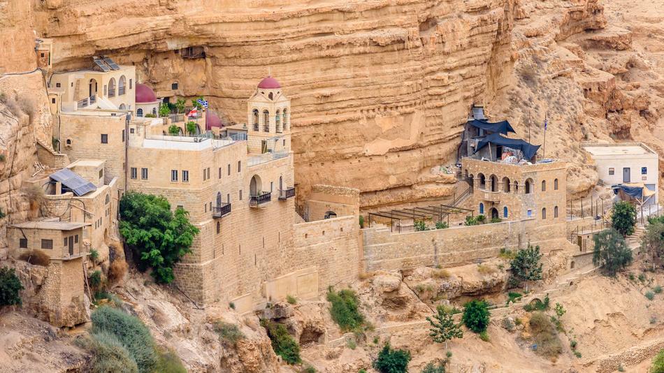 Beautiful Monastery Israel, on the hills, with the green plants, in the desert