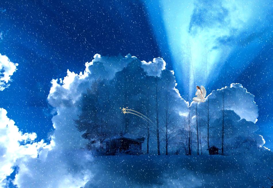 Christmas drawing with the Angel on clouds