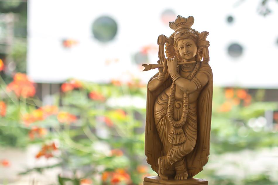 goddess krishna with flute on blurred background