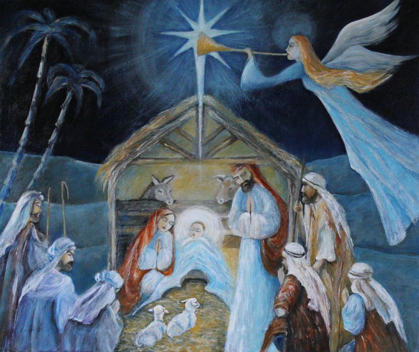 Beautiful and colorful drawing with the baby Jesus and Mary