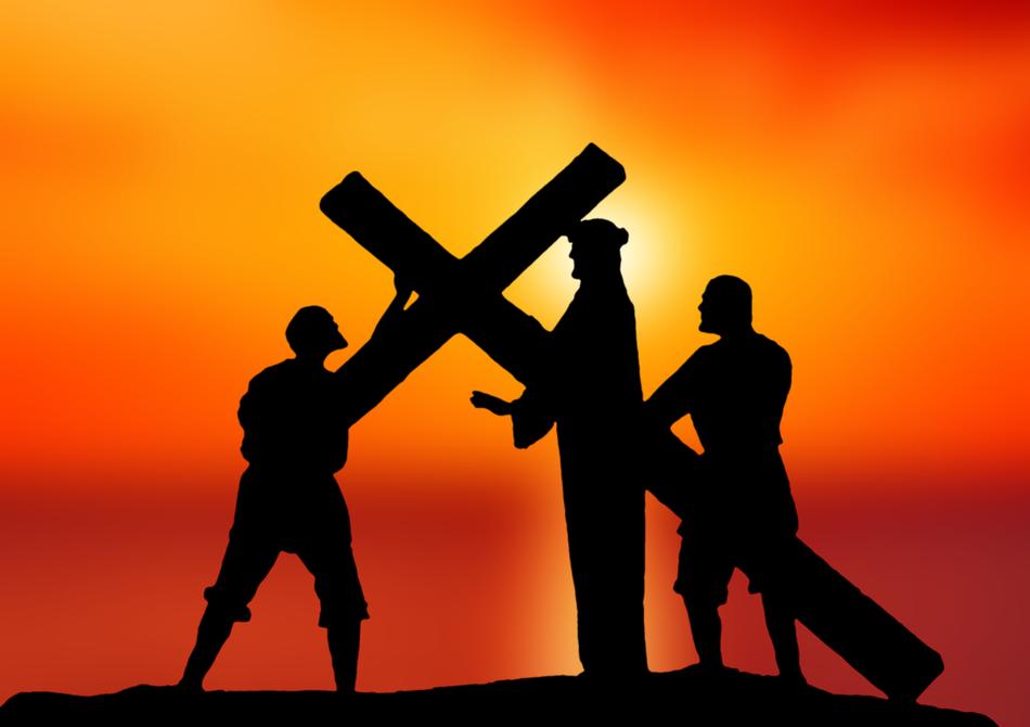 before Crucifixion, Jesus and two men with cross, digital art