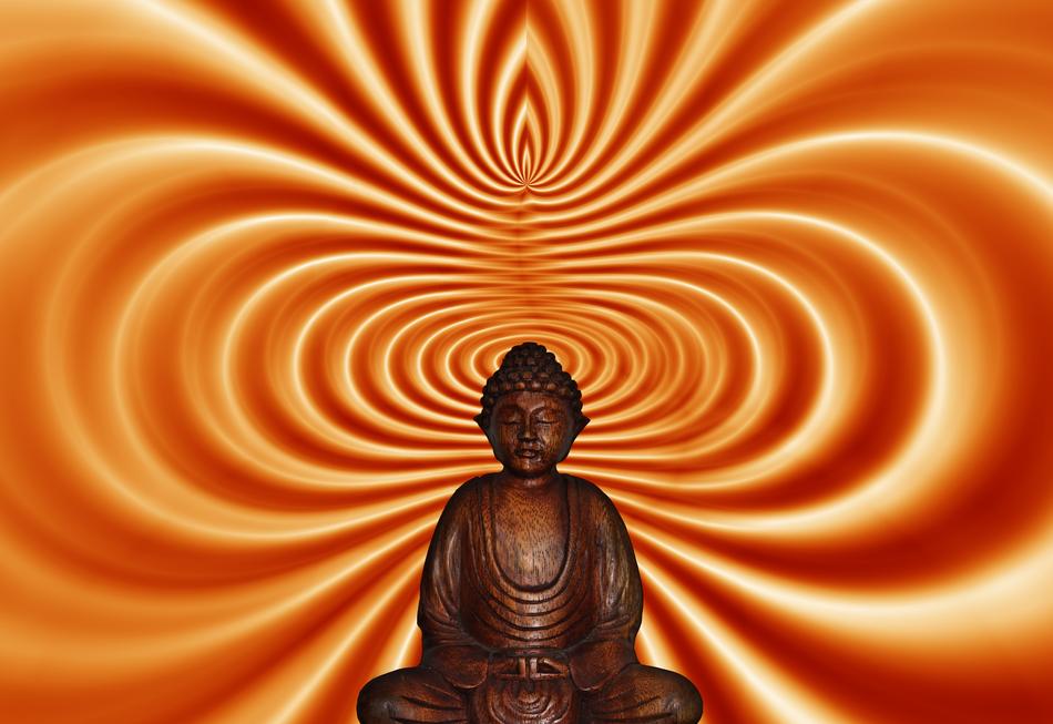 Buddha statue on a wavy bronze background