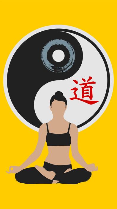 drawn yogi on the background of the yin yang symbol
