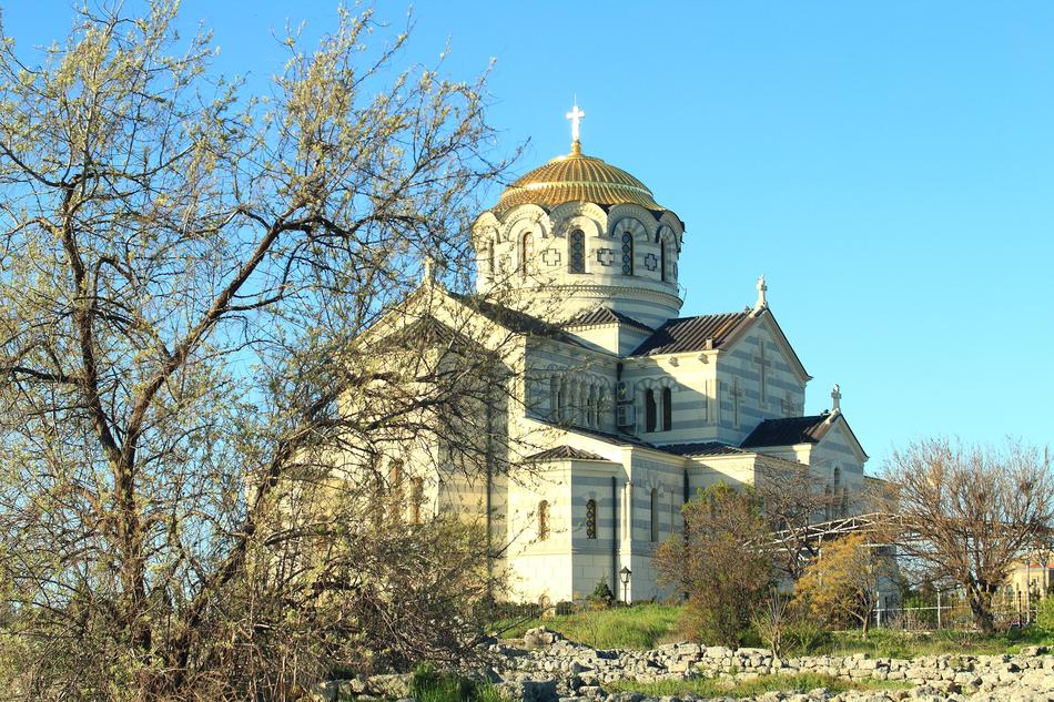 architecture of a stone cathedral in Sevastopol, Crimea, Russia