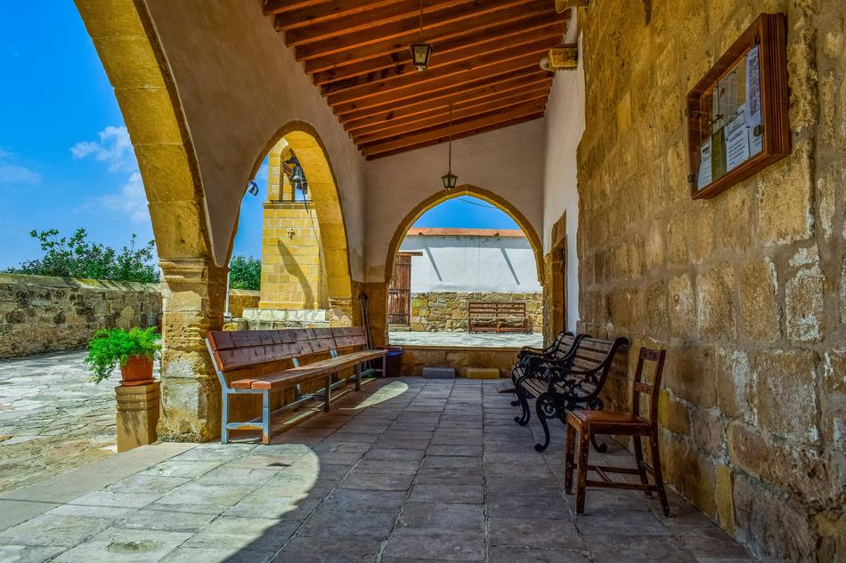 Beautiful church with the bench and stairs, in Ayios Antonios on Cyprus, Greece
