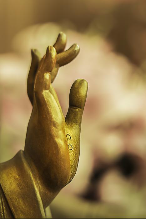 hand of golden buddha close up on blurred background