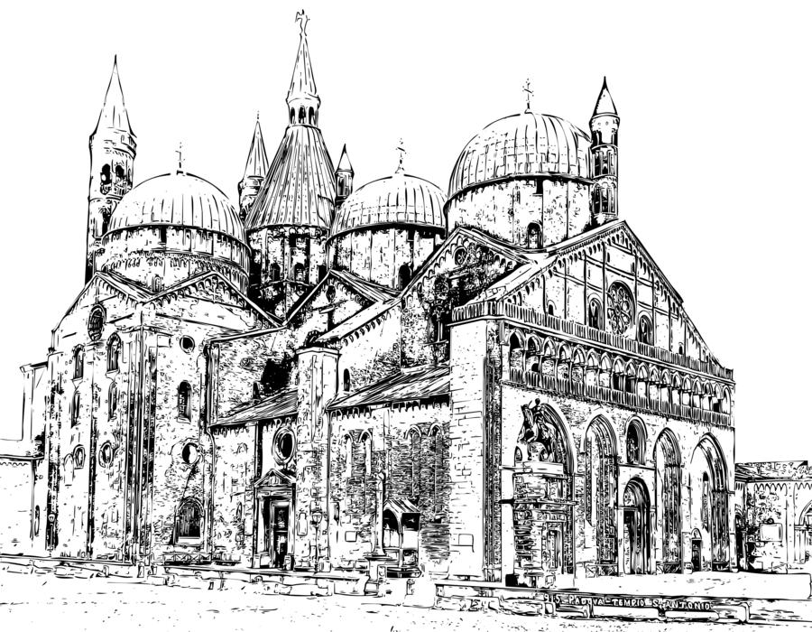 Black and white line art of the church