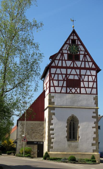 Beautiful and colorful Matthew Church, near the green tree in Crailsheim, Germany