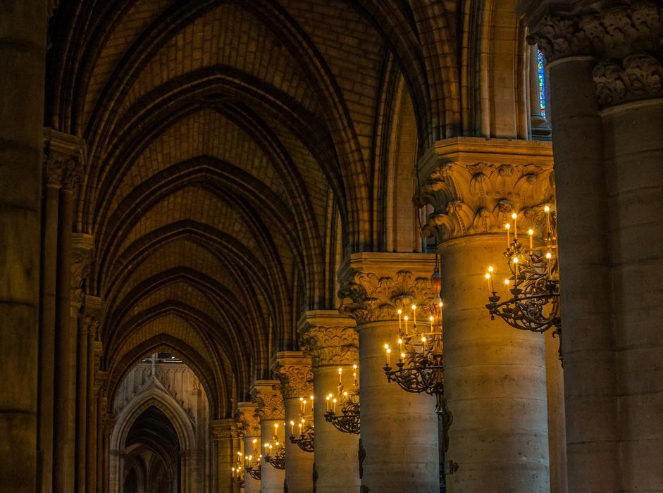 arches and columns Noter Dame in Paris, France