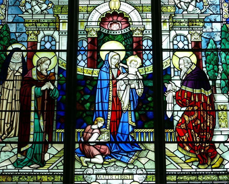 christian drawings on the windows of the church