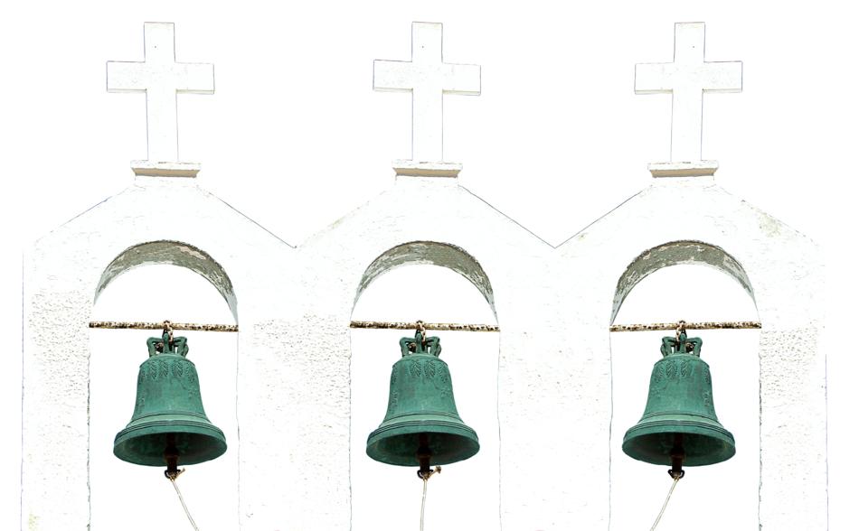 Three green bells on the white steeples with crosses