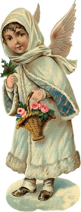 Beautiful drawing of the angel with the basket of the colorful flowers, at white background