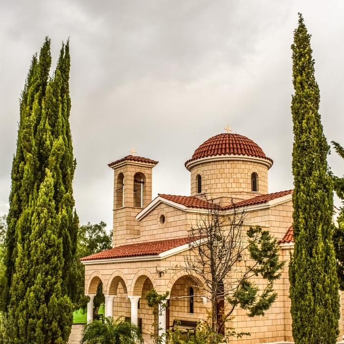 Beautiful church among the plants in Ayia Paraskevi, Cyprus