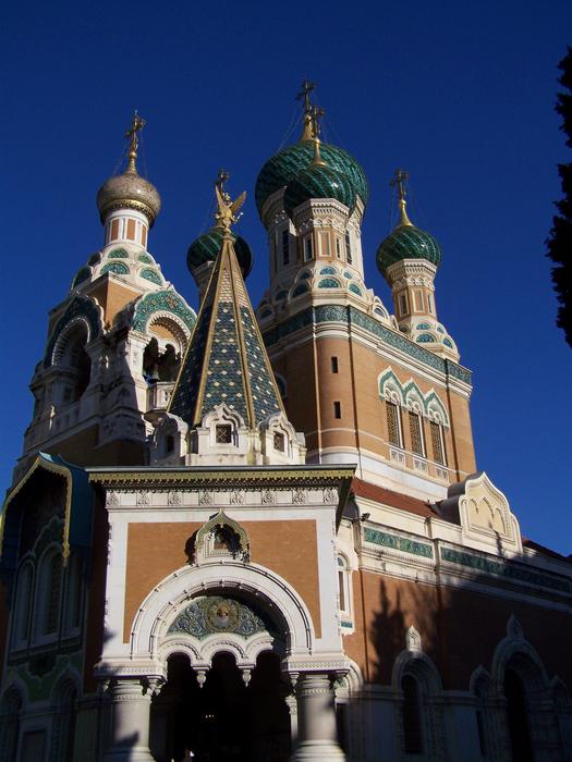 Beautiful church with colorful domes in Russia at blue sky background