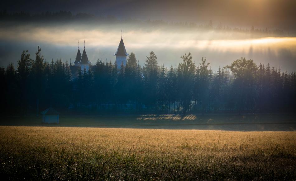 church in the woods at sunrise