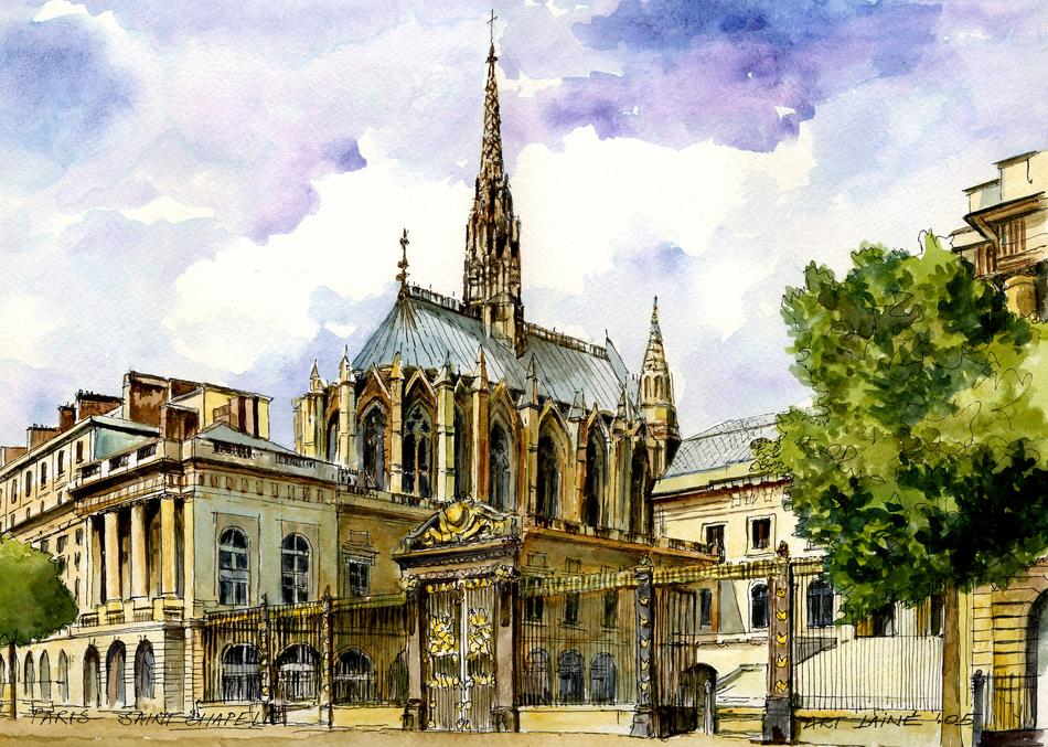 Beautiful drawing with the colorful, decorated temple, among the trees in Paris, France