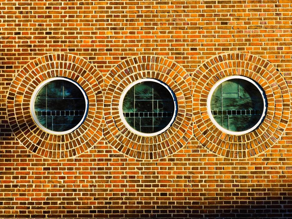 Beautiful windows of the brick church in Düsseldorf, Germany