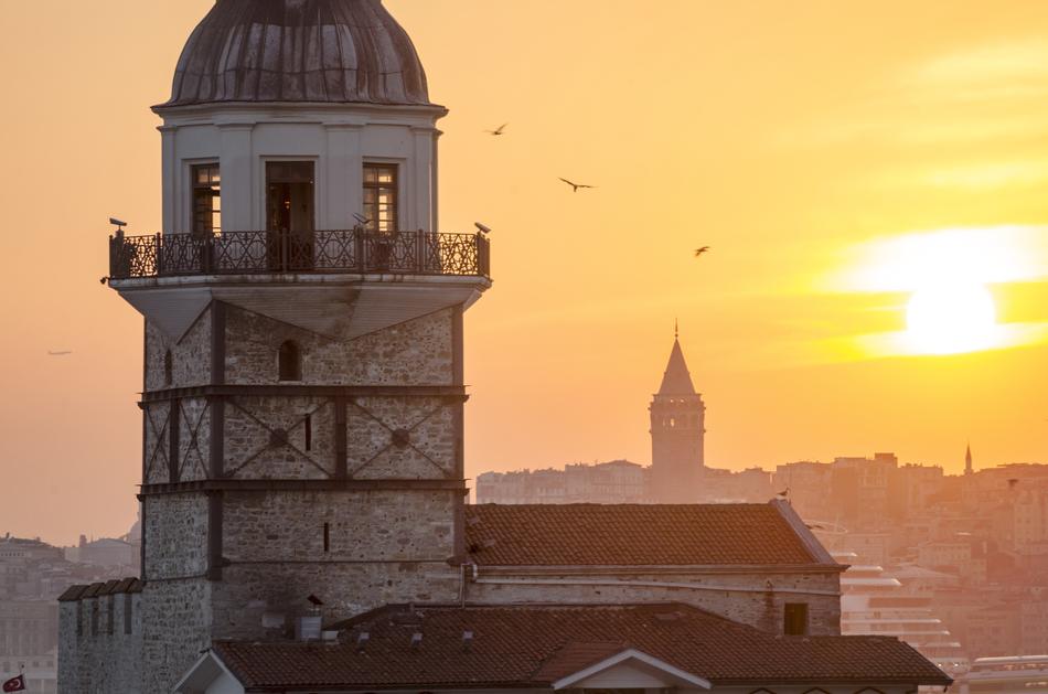 Beautiful view of Beyoglu at colorful sunset background in Turkey
