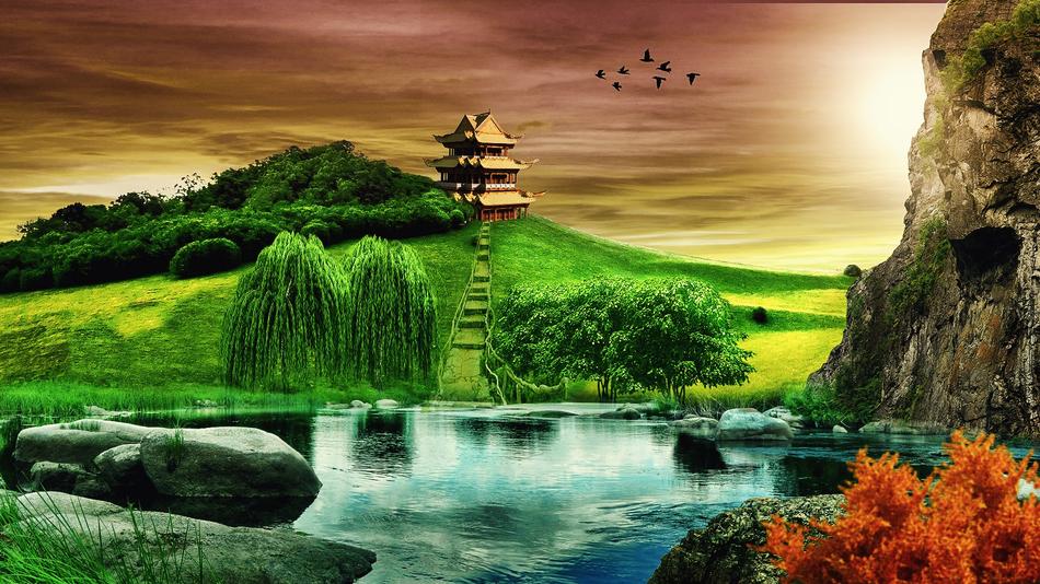 Background Landscape Temple drawing